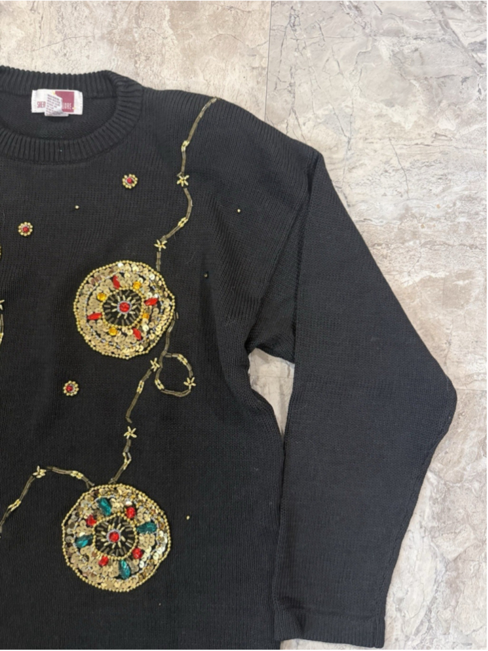 VTG 90s Sheridan Square Gold Sequin Holiday Sweater Ugly Glitz black Sz L